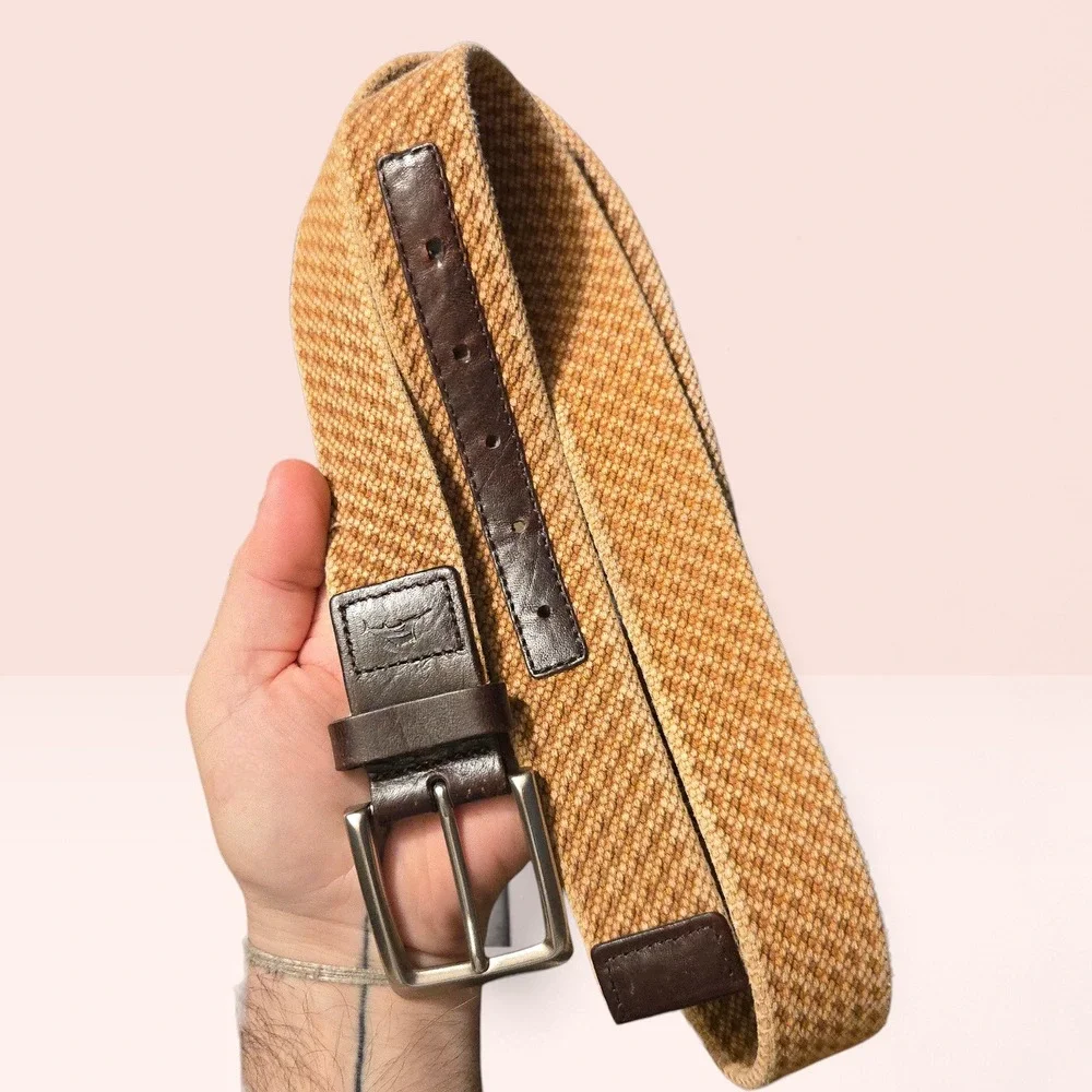 Tommy‎ Bahama Men's 38 Belt Tan Woven Island Tropical Casual Fabric Leather Trim